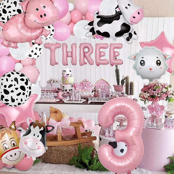 21 PCS Farm Animal Theme Party Balloons, Farm Cow Print Sheep Pig Donkey Mylar Foil Balloons Baby Shower Boy Girl 3rd Birthday Party Decor Supplies (3rd)