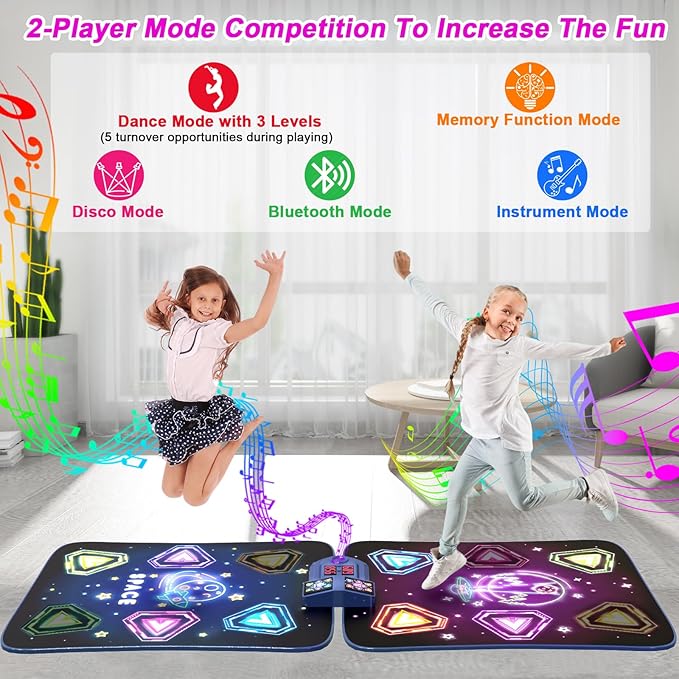 Dance Mat Toys for 3-12 Year Old Girls Boy, 2 Players Dance Mat with Light-up 12 Buttons & 5 Games Mode,Kids Dance Game Toy for Girl, Xmas Birthday Gifts for 3 4 5 6 7 8 9 10+ Year Old Girls Boys