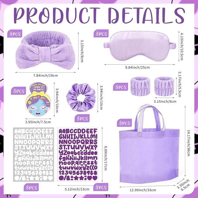 72 Pcs Spa Sleepover Party Supplies for Girls With DIY Stickers And Greeting Card Purple Headband Wristbands Eye Mask Hair Scrunchie Tote Bag Sleeping Slumber Party Favors