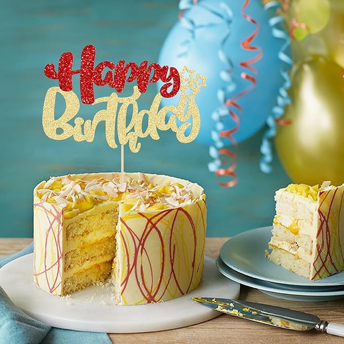 Ephlyn 1Pcs Happy Birthday Cake Topper Glitter Happy Birthday Cake Pick for Christmas Theme Baby Shower Anniversary Party Decorations Supplies Red Gold
