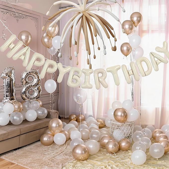 Milk White Happy Birthday Banner Balloon Aluminum Foil 16in Letter, 12in Latex Balloons, 11.8in Long Balloons, 16in Love Heart Aluminum Foil Balloon, Men, Women, Party Decoration Supplies (Milk White)
