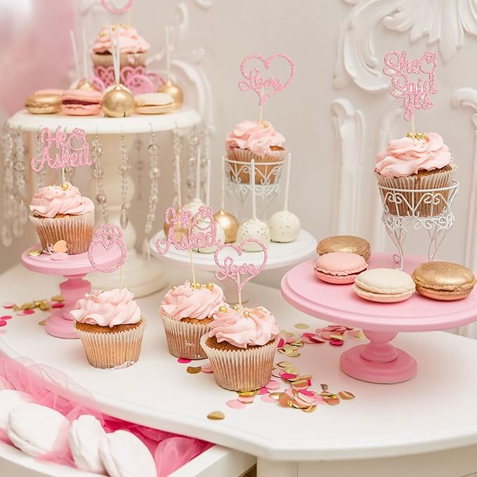 Gyufise Pink 24Pcs He Asked She Said Yes Cupcake Toppers Diamond Ring Heart Cake Picks for Wedding Engagement Party Cake Decorations