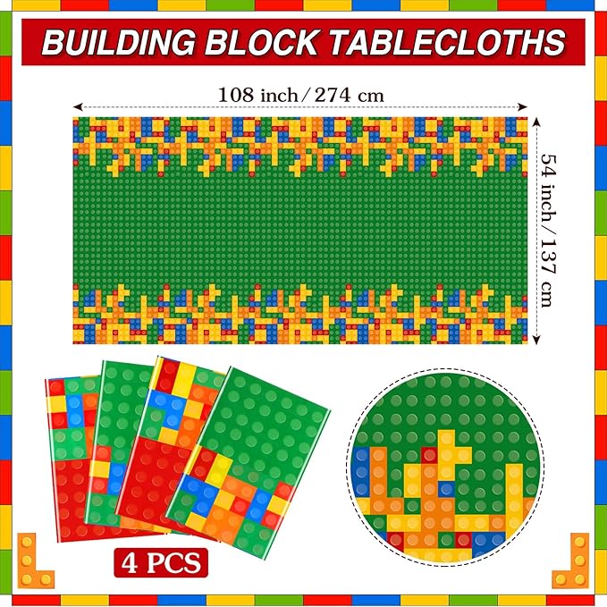 Oudain 2 Pcs Building Block Tablecloths Colorful Building Blocks Birthday Party Decorations 54 x 108 Inch Disposable Plastic Brick Table Cover Waterproof Brick Themed Party Supplies (Red,Green)