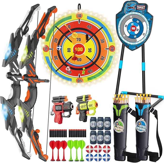 2 Pack Kids LED Archery Set with Standing Target & LED Dart Board, 20 Suction Cup Arrows Bow and Arrow for Kids 3-12, Indoor Outdoor Sport Toy for Boys Girls