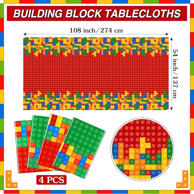 Oudain 4 Pcs Building Block Tablecloths Colorful Building Blocks Birthday Party Decorations 54 x 108 Inch Disposable Plastic Brick Table Cover Waterproof Brick Themed Party Supplies (Red,Green)
