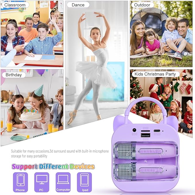 Mini Karaoke Machine for Kids with 2 Wireless Microphones - Toys Gift for Boys Girls Ages 4, 5, 6, 7, 8, 9,10,11,12+Year Old - Christmas, Birthday, Party Singing Gift (Purple)