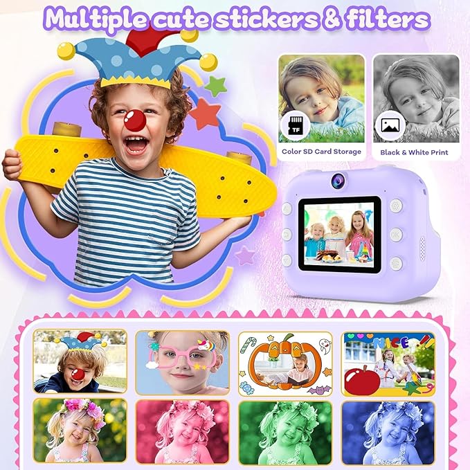 Kids Camera Instant Print, Toys for 3-12 Year Old Girls Christmas Birthday Gifts, 48MP Kids Selfie Digital Camera, 1080P HD Children Video Recorder, 2.4" Toddler Camera with Print Paper