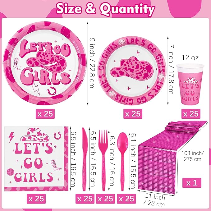 durony 176 Pieces Let's Go Girls Decorations Disco Cowgirl Party Supplies Let's Go Girls Hot Pink Table Runner Paper Plates Cups for Bachelorette Cowgirl Disco Party, Serve 25 Guests