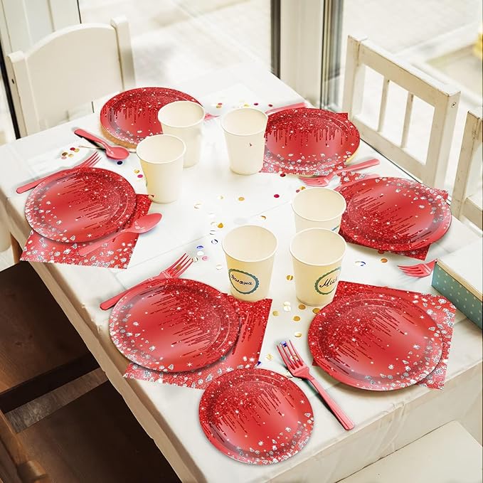 ZOIIWA 96 Pieces Red Birthday Tableware Set for Red Theme Silver Table Decorations Disposable Dessert Plates Napkins Forks for Women 24 Guests Diamonds Glitter Valentine's Day Birthday Party Supplies