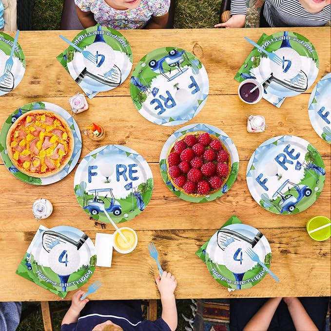 96 Pcs Golf 4th Birthday Party Supplies Golf Ball Sports Theme Party Plates and Napkins Disposable Blue Green Tableware Set for Kids Boys Four Birthday Decorations Serves 24