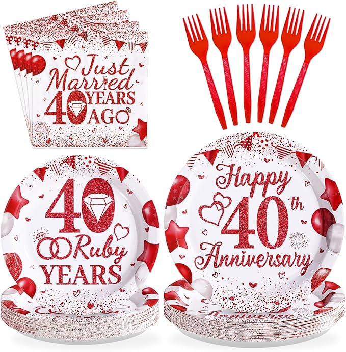 96Pcs 40th Wedding Anniversary Party Supplies Red Happy 40th Anniversary Plates and Napkins Ruby 40 Years Tableware Set for Men Women 40 Years Wedding Anniversaries Party Decorations Serves 24