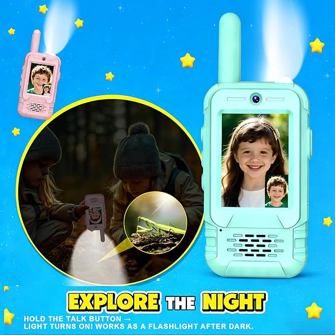2 Pack Rechargeable Video Walkie Talkies for Kids - Long Range 2-Way Radios with Built-in Torch Light, Belt-Clip Design, Video Intercom & Voice Effects, Gifts & Toys for 3-12 Boys Girls