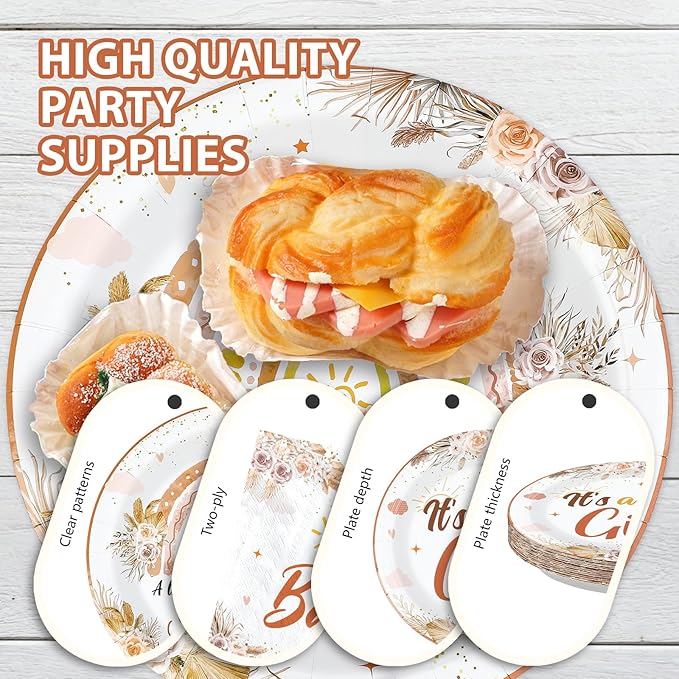 96 Pcs Boho Baby Shower Decorations for Girl Disposable A Little Ray of Sunshine Paper Plates and Napkins Boho Rainbow Baby Shower Tableware Set for Girl Birthday Party Supplies