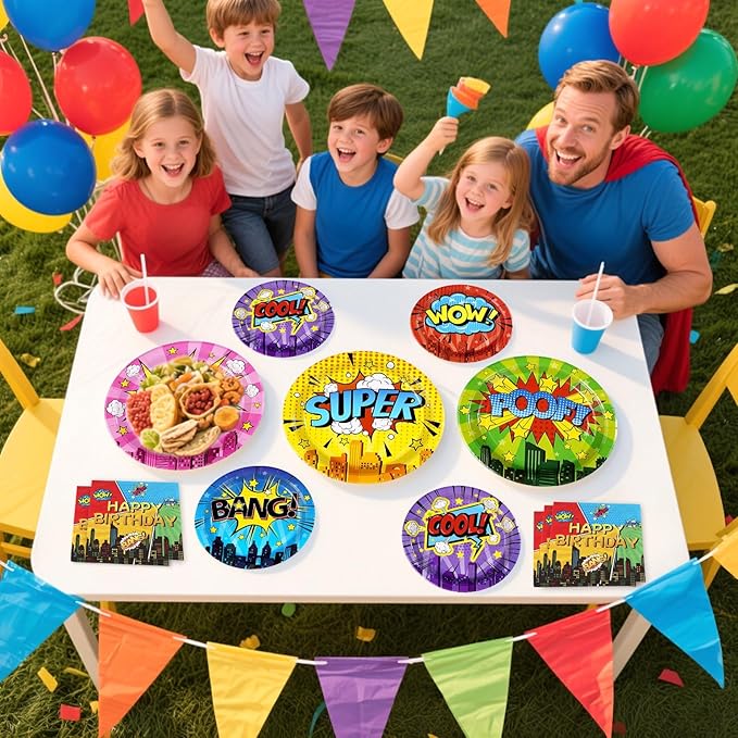 96Pcs Super Theme Hero Party Decorations Colorful Comic Hero Plates and Napkins Dessert Tableware Sets Super Theme Hero Birthday Decorations Favors for Kids Baby Shower Spider Party Supplies Serve 24