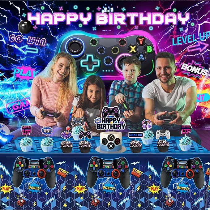 Video Game Birthday Decorations, Level Up Party Supplies Includes Plates, Napkins, Forks, Banner, Tablecloth for Boys Gamer Birthday Party Decorations, Serves 24