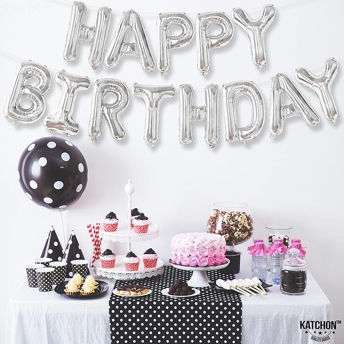 KatchOn, Silver Happy Birthday Banner Balloons Letter - 16 Inch | 3D Silver Mylar Foil Letters Balloons with Ribbon | Happy Birthday Decorations for Women Men Party Supplies