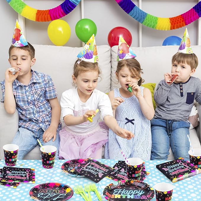 Durony 100 Piece Neon Glow Party Supplies - Glow In Dark Tableware Set Includes Paper Plates, Cups, Napkins - Neon Birthday Party Decorations - Serves 25 Guests