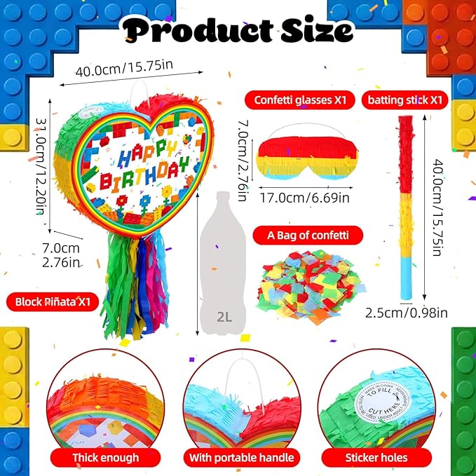 Birthday Building Block Piñata Set Heart Pull String Piñata Party Kit with Blindfold Hitting Stick Confetti Keychains Bubble Bottles Slap Bracelets Stickers for Carnival Party Favors
