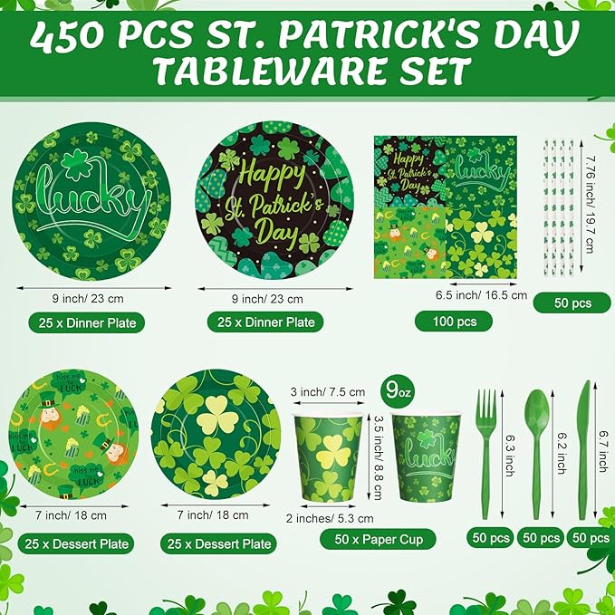 450 Pcs Happy St. Patrick's Day Tableware Set Decorations, Lucky Green Shamrock Paper Plates Clover Napkins Cups Cutlery Straws for Irish Festival St. Patrick's Day Party Supplies, Serves 50