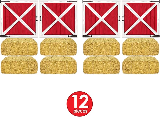Beistle Barn Loft Door & Hay Bale Props, 12 Pieces, 15.5"-32.5" - Printed Plastic Barnyard Wall Decorations, Western Cut Outs