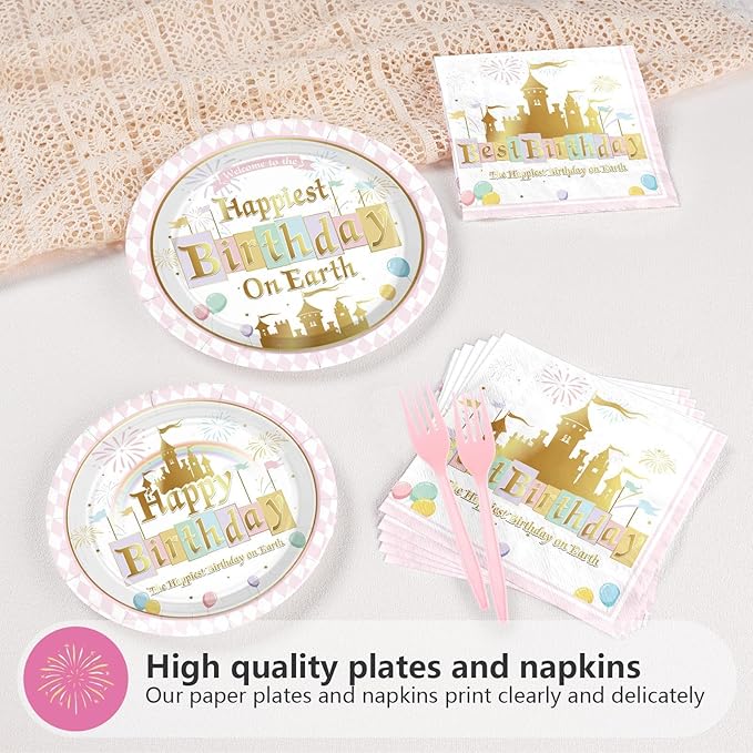 Grencian 96 Pcs Princess Castle Birthday Party Decorations Happy Birthday on Earth Paper Plates Pastel Rainbow Stripes Plates and Napkins Gold Glitter Tableware Set for Girl Baby Shower Supplies
