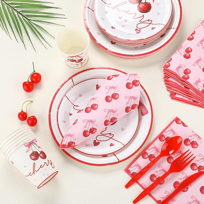 168 Pcs She's Ready to Pop Cherry Bow Baby Shower Decorations Cherry Paper Plates and Napkins Coquette Party Supply Galentine's Valentine's Day Birthday Tableware for 24 Guests Bridal Wedding