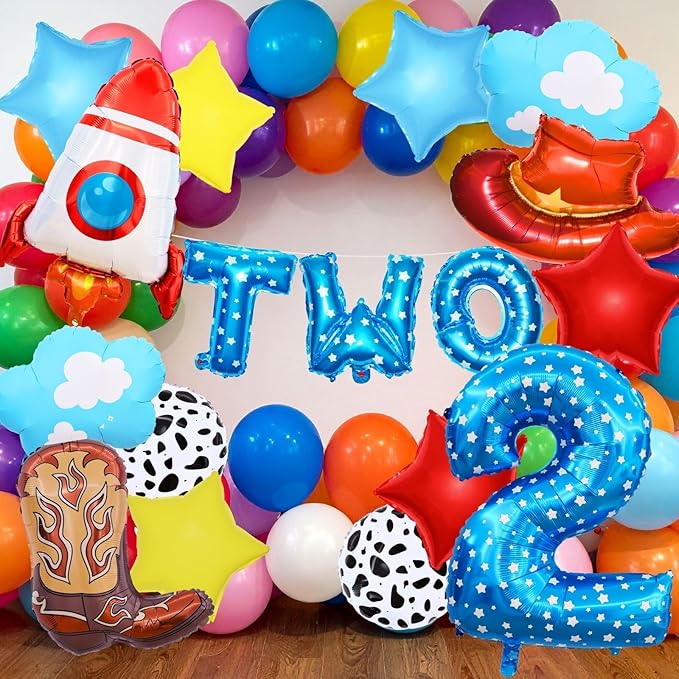 Toy Themed Story Birthday Decoration Balloon Set,Cartoon Style Birthday Rocket,Cowboy Hat,Boots,Clouds,Star Patterns, For kid Party Supply (2nd-Two Infinity and Beyond)