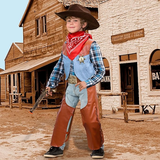Kids Cowboy Costume for Boys Halloween Dress up Leather Western Outfit with Accessories for Role Play Party