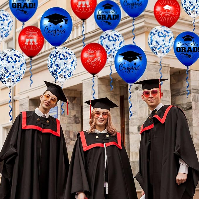 Whaline 60Pcs Graduation Party Balloon Set 7 Designs Confetti Latex Balloon with 2 Rolls Ribbon Class of 2025 Grad Cap Congrats Grad Balloon for Graduation Party Decoration Supplies (Blue, Red)