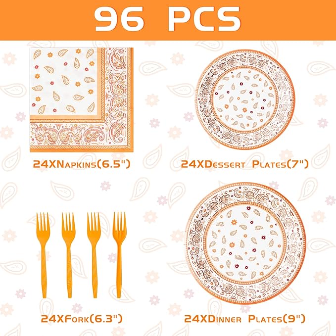 K1tpde Fall Western Bandana Party Tableware - 96PCS Orange Bandana Paper Plates Set Included Paper Plate Napkin and Fork, Disposable Dinnerware for Adult Birthday Autumn Party Decor Supplies, 24 Guest