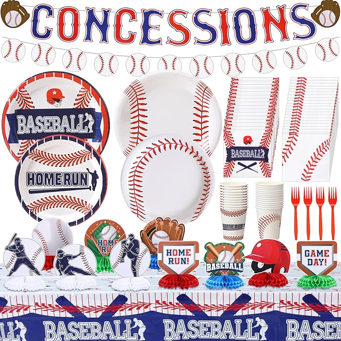 Meanplan Baseball Party Supplies Kit 167 Pcs Baseball Party Decorations Includes Paper Plates, Napkins, Cups, Concessions Banner, Tablecloth and Honeycomb for Sports Theme Birthday Decor, Serve 24