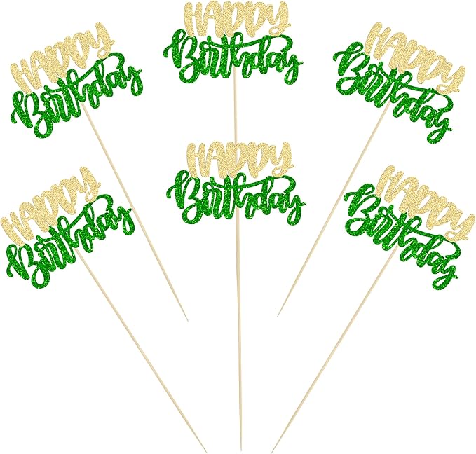 Gyufise 12Pcs Happy Birthday Centerpieces Sticks Double Sided Glitter Birthday Party Decorations Anniversary Table Flower Centerpiece for Celebrating Party Supplies Green Gold