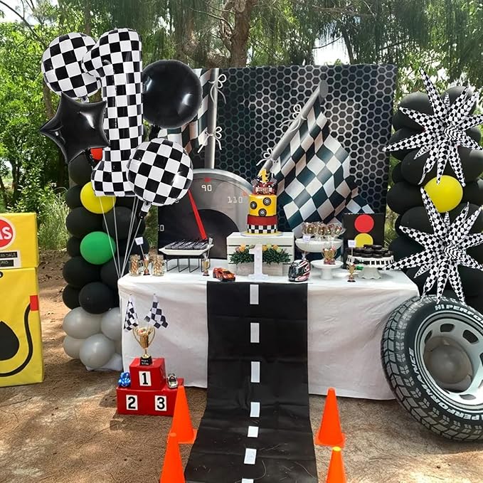 TONIFUL 40 Inch Checkered 1st Birthday Balloons Set Number 1 Race Car Black White Round Explosion Star Boys Race Car Balloons Themed Birthday Party Decoraction