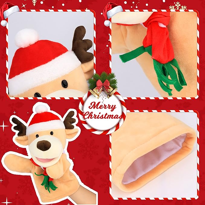 Hopearl Plush Christmas Elk Hand Puppet Reindeer with Open Movable Mouth for Imaginative Play, Role Play, Interactive Toy for Storytelling Teaching Puppet Theater, Gifts for Kids, Brown, 13.5''