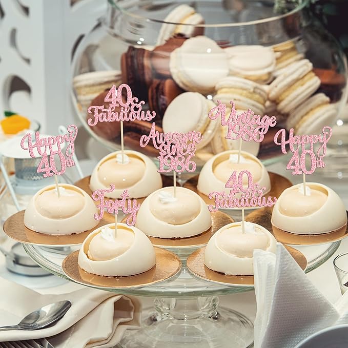 Ephlyn 30Pcs Vintage 1986 Cupcake Toppers Glitter Forty Happy 40th Birthday 40 Fabulous Cupcake Picks Cheers to 40 Years for 40th Birthday Wedding Anniversary Party Cake Decorations Supplies Pink