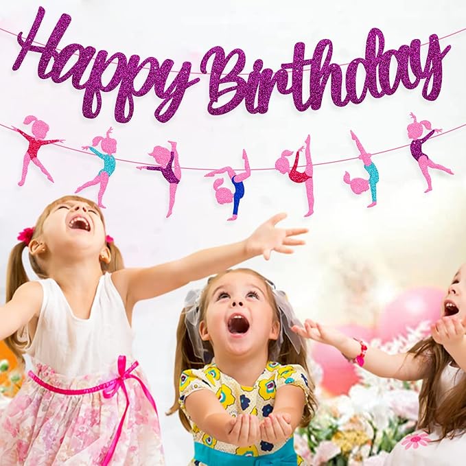 Gymnastics Birthday Banner Gymnast Theme Decoration Glitter Purple Happy Birthday Garland for Girl Gymnastics Bday Party Supplies