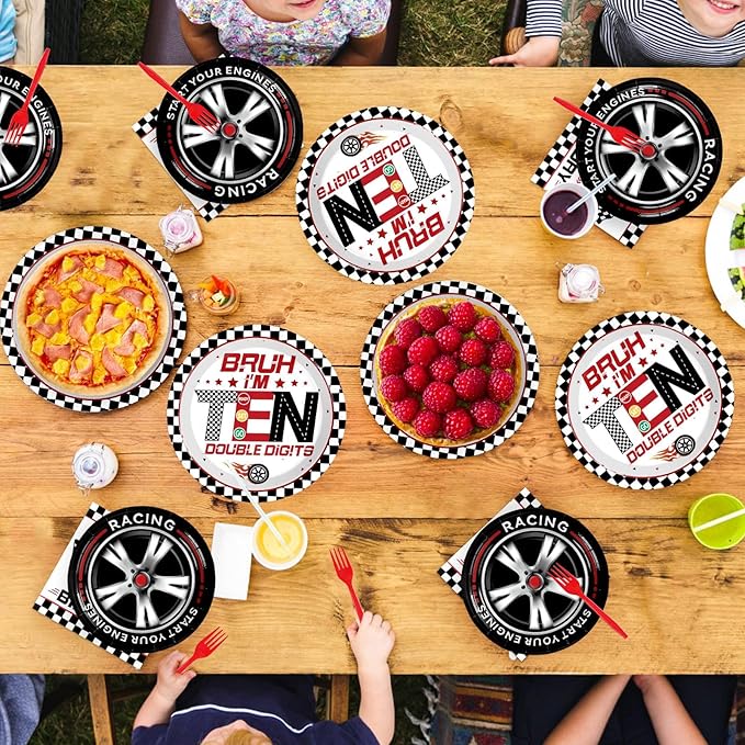 Grencian 96Pcs Race Car 10th Birthday Party Supplies Bruh I’m Ten Plates and Napkins Racing Car Double Digits Tableware for 10 year old Boys Racing Car Birthday Party Decorations Serve 24