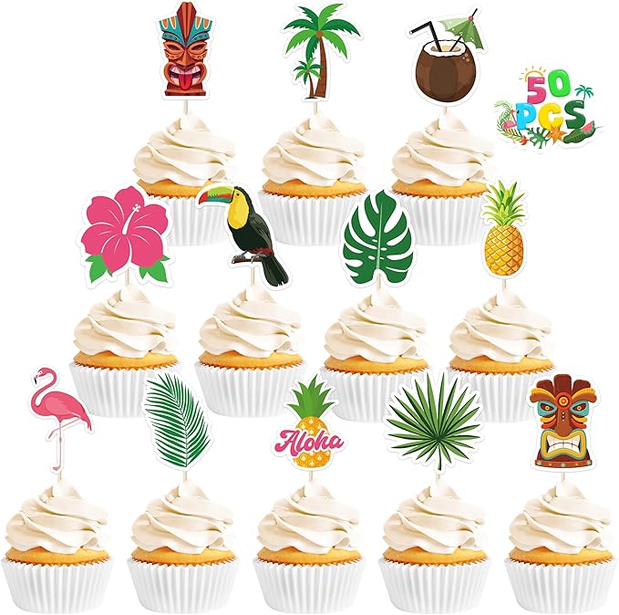 50 Pcs Tropical Cake Sticks, Disposable Tiki Flamingo Pineapple Palm Leaf Cake Toppers, Luau Cake Decorations for Summer Hawaiian Aloha Theme Events, Birthday, Wedding Party Supplies