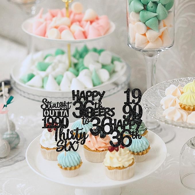 30PCS Black 36th Birthday Cupcake Toppers Glitter Thirty Six Happy 36th Straight Outta 1990 Cupcake Picks for Cheers to 36 Years Birthday Wedding Anniversary Party Cake Decorations Supplies