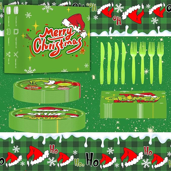 101 PCS Grinchmas Plate Set Christmas Tableware Set for Christmas Party Supplies Birthday Party Decoration