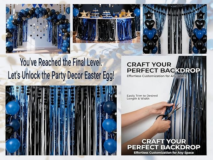 3packs Navy Blue Black Foil Fringe Curtains, Blue Birthday Party Decorations Backdrop for Women, Graduation Tinsel,Retirement Tinsels for Man Him,Wedding Streamers-Each 3.3 x 6.5ft