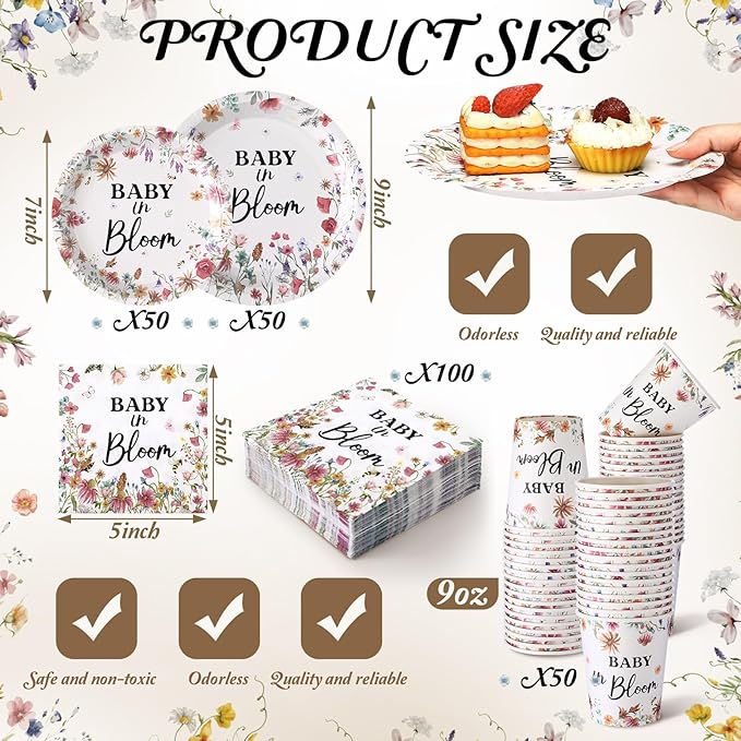 Hsei 250 Pcs Baby in Bloom Baby Shower Decorations Wildflower Plates and Napkins Set Floral Party Tableware Set for 50 Guests Floral Disposable Plates Napkins Cups for Birthday Babys Shower Party