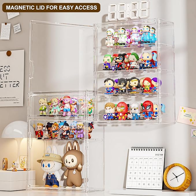 Clear 4 Tiers Acrylic Display Case for Figures Collectibles Wall Mounted Hobby Figurine Display Case with Shelves, Display Shelf Storage Box for Labubu Action Figures, Car Model, XXL, 2 Pack