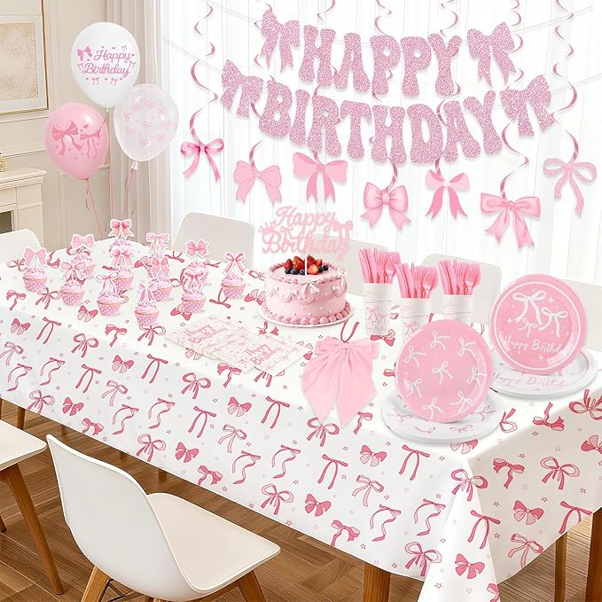 Coquette Birthday Decorations, Pink Bow Birthday Decorations Serve 24 Includes bow hair clip Hanging Swirls Plates Napkins Cups Banner Tablecloth Balloons Pink Party Supplies for Girls Party