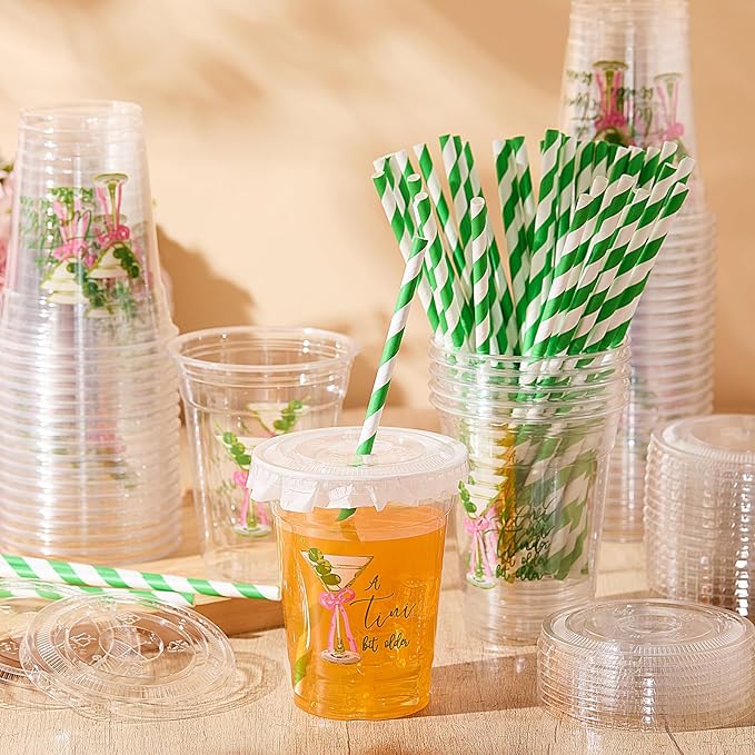 Domensi 50 Pcs Martini Birthday Party Plastic Cup 12 oz a Tini Bit Older Green Martini Pink Bow Thick Clear Cup for Girls Women Bar Birthday Bachelorette Bridal Shower Party Supplies