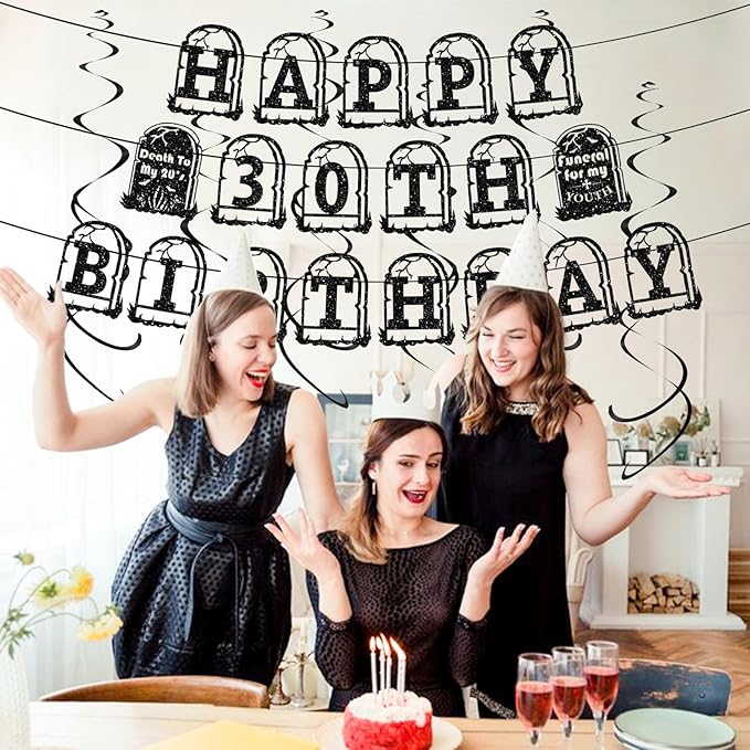 30th Birthday Death to My 20s Party Decorations, Pre-Strung Glitter Happy 30TH Birthday Banner, Black Hanging Swirls, Funeral for My Youth Party Supplies
