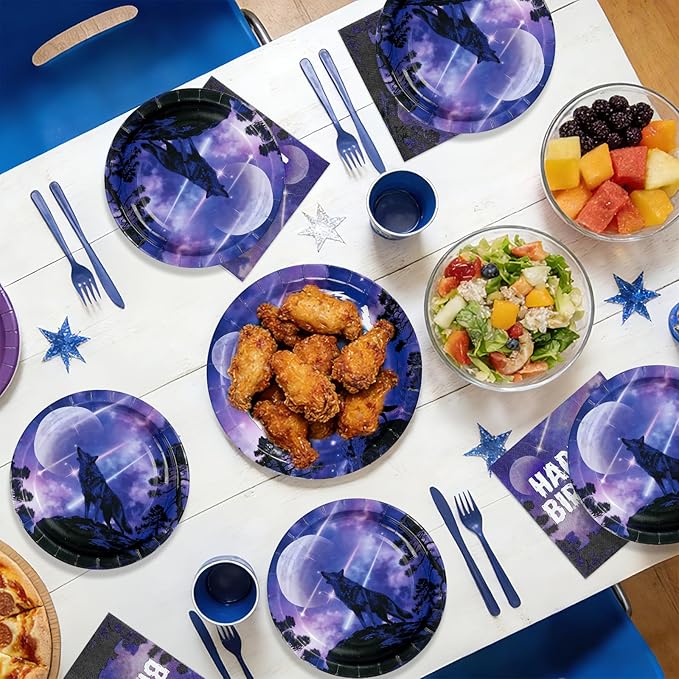 96Pcs Wolf Birthday Party Supplies Galaxy Wolf Plates and Napkins Black Purple Galaxy Disposable Paper Tableware Set for Animal Theme Birthday Outdoor Holiday Party Supplies Serves 24