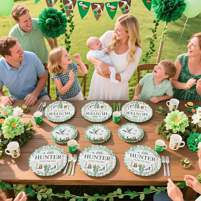 Grencian 96psc Mallard Duck Baby Shower Party Supplies A Little Hunter is on the Way Plates and Napkins Tableware Sets Hunting Party Decoration for Kids Birthday Baby Shower Serves 24