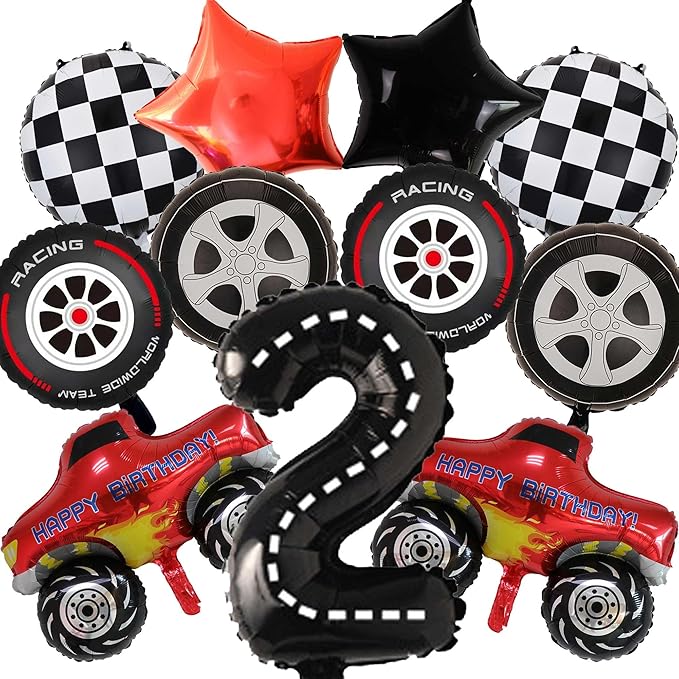 Monster Truck Balloons Party Decorations - 11 Pcs Black Birthday Number 2 Foil Tire Balloons Decor For Boys Girls 2nd Birthday Race Car Themed Party Supplies