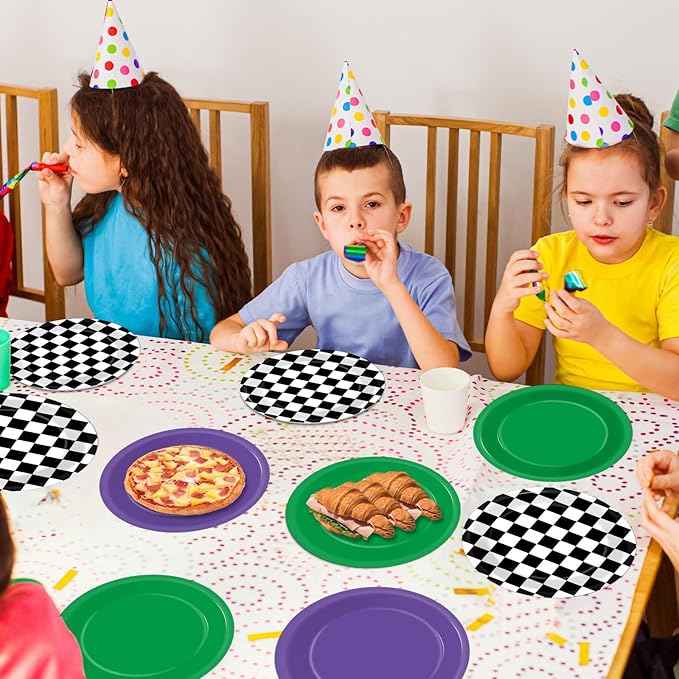 CHUNNIN 48PCS Green Purple Monster Truck Party Paper Plates for Monster Truck Themed Party Supplies 7" Checkered Racing Car Cake Disposable Dinnerware for Kids Birthday Baby Shower Decorations
